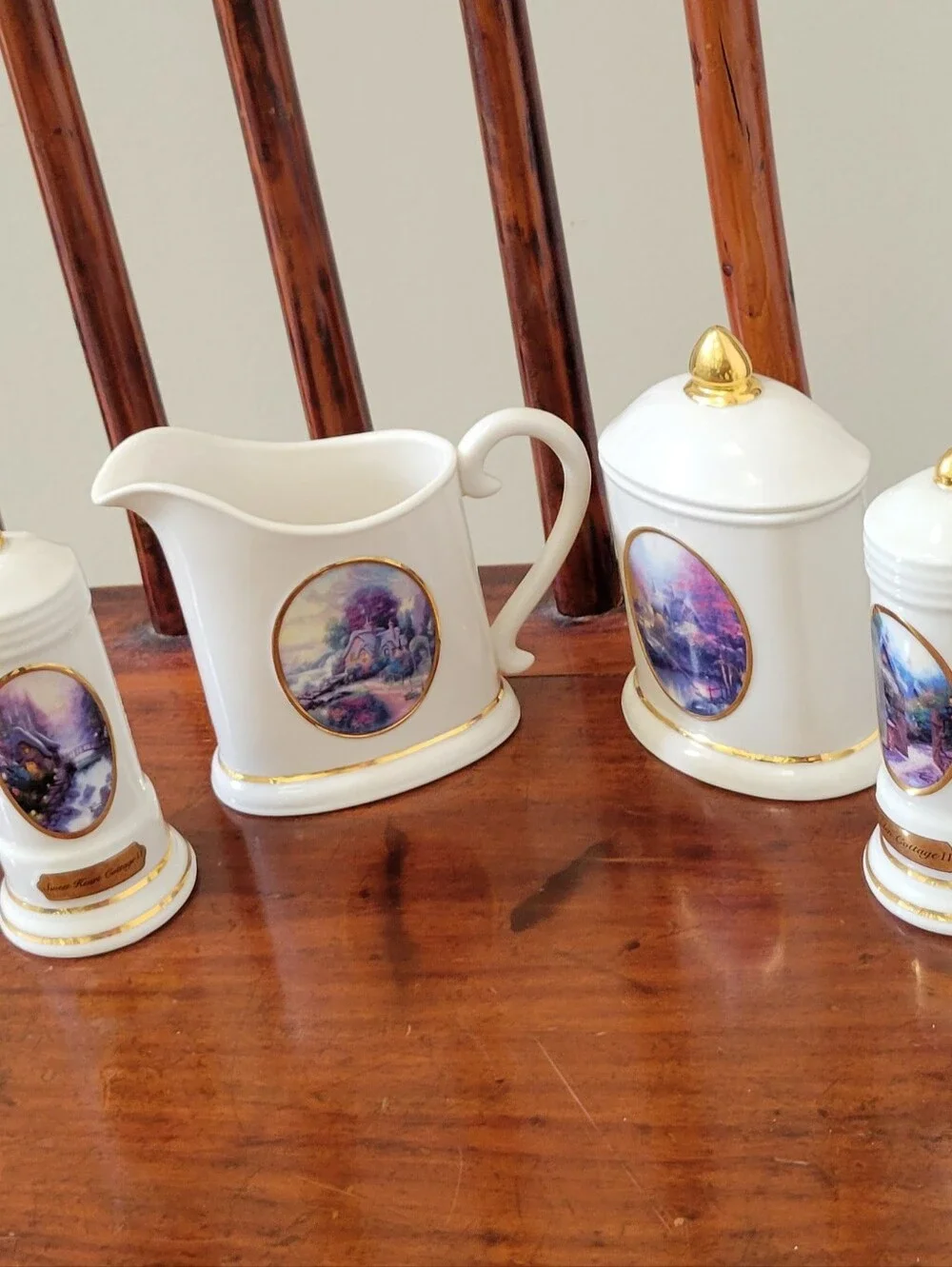 Thomas Kinkade Set of Creamer-Sugar w Lid-Salt and Pepper Shakers/2002 for Avon